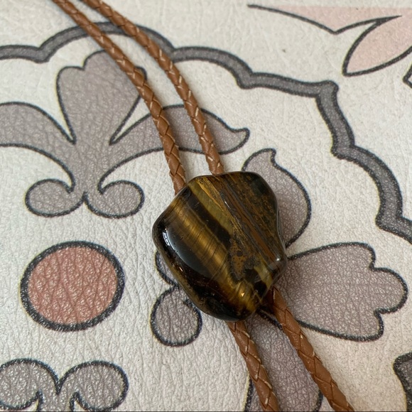 Bolo tie tan brown stone braided leather cord 70s - Picture 2 of 7